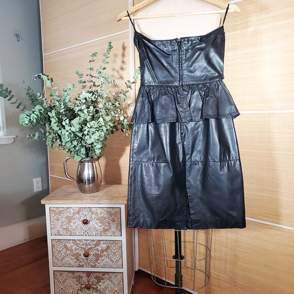 Vintage 80s Berman's Genuine Leather size S / size 2-4 Strapless Peplum Dress - Picture 5 of 13
